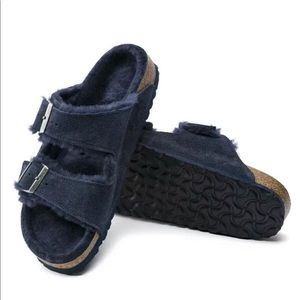 NEW! Birkenstock Arizona Shearling Fur Navy Narrow Fit 1014241